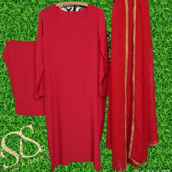 Pink 3  Piece Stiched Suit With Chiffon Dupatta