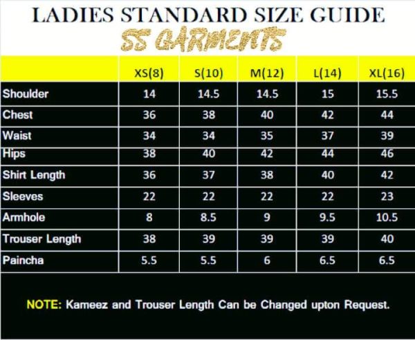Yellow 2 piece stiched suit for women Size Chart