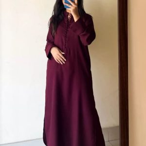 Women Mehroon Long Boski Linen Dress (Stitched)